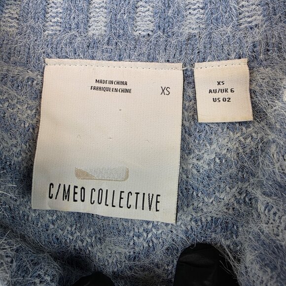 C/MEO Collective Sweater Womens XS Blue White Chevron Fuzzy Crewneck Cropped - Picture 2 of 10